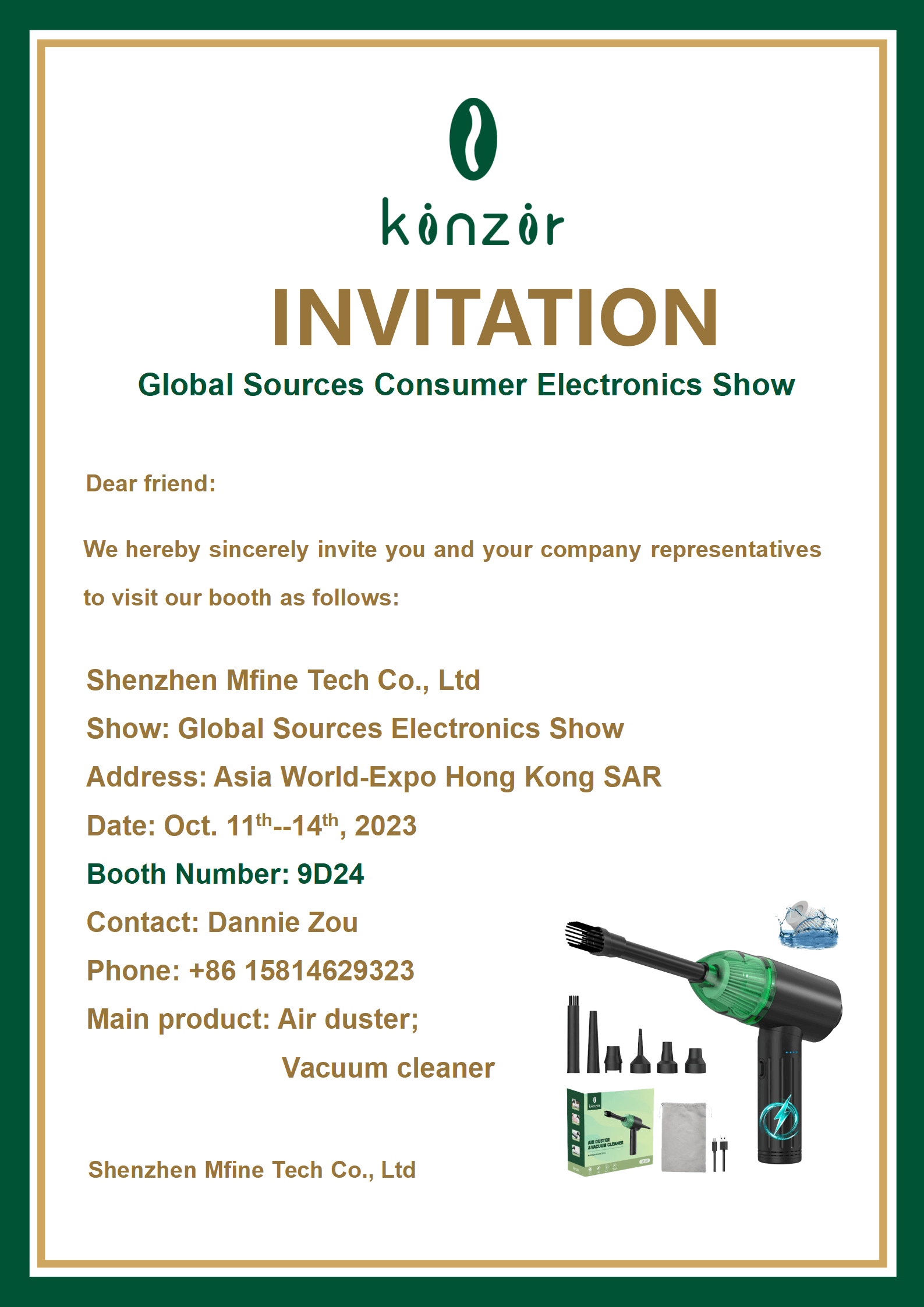 Kinzir, an Electric Air Duster Manufacturer, is to Exhibit at the Global Sources Consumer Electronics Show in Hong Kong in October 2023 - Kinzir Exhibition - 1