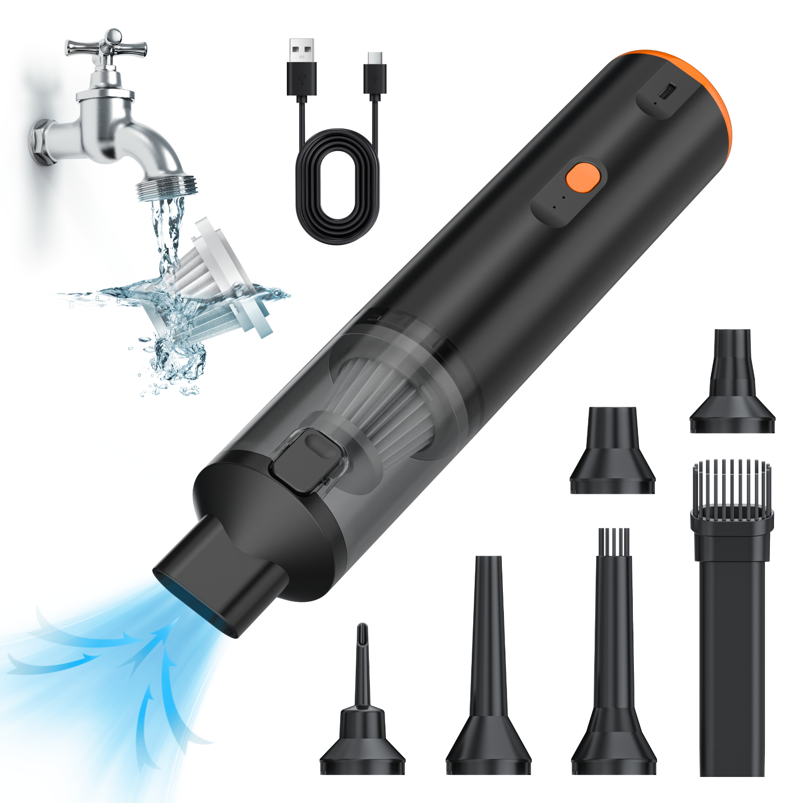 Kinzir VC28B Car Vacuum Portable Cordless Handheld Vacuum Cleaner 8-in-1 Mini Cordless Vacuum with 2 Suction Modes and 12000pa Suction Power Blowing & Inflating 2 Modes Handheld Vacuum for Car, Desk, Keyboards - Cordless Vacuum Cleaners - 18