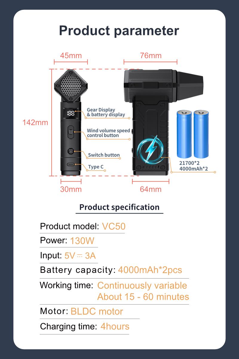 Kinzir 150W Turbo Blower/Vacuum with Type-C Fast Charging | 4000mAh Dual Batteries 150mins Runtime | 7.5Kpa Suction 8-Speed BLDC Motor - Electric Air blowers - 10