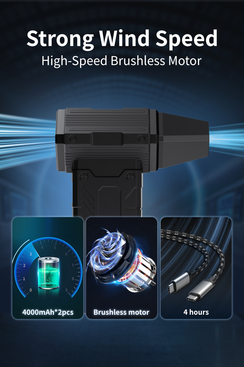 Kinzir 150W Turbo Blower/Vacuum with Type-C Fast Charging | 4000mAh Dual Batteries 150mins Runtime | 7.5Kpa Suction 8-Speed BLDC Motor - Electric Air blowers - 3