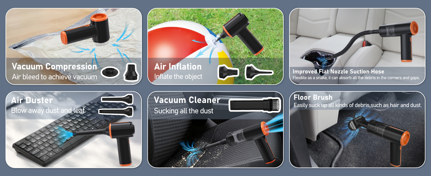 Kinzir Cordless Car Vacuum Cleaner Handheld, 12000Pa Strong Suction & Blowing Function, 2-in-1 Portable Vacuum Blower for Auto Home Use, Ideal for Carpet, Desk - Air Duster & Vacuum Cleaner 2 in 1 - 2