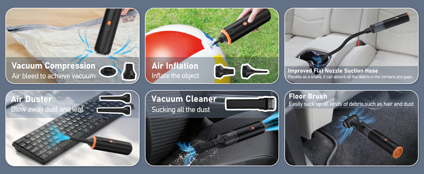 Kinzir VC28B Car Vacuum Portable Cordless Handheld Vacuum Cleaner 8-in-1 Mini Cordless Vacuum with 2 Suction Modes and 12000pa Suction Power Blowing & Inflating 2 Modes Handheld Vacuum for Car, Desk, Keyboards - Cordless Vacuum Cleaners - 4
