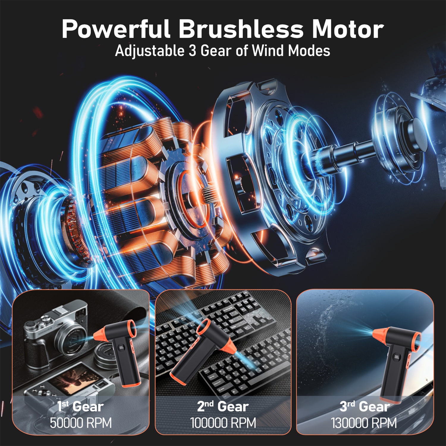 Kinzir 10000RPM Turbo Blower - Electric Air Duster, Portable Mini Compressed Air Can Replacement for Keyboard Cleaning, PC, Electronics, Dry Dusting - Brushless Air Dusters - 3