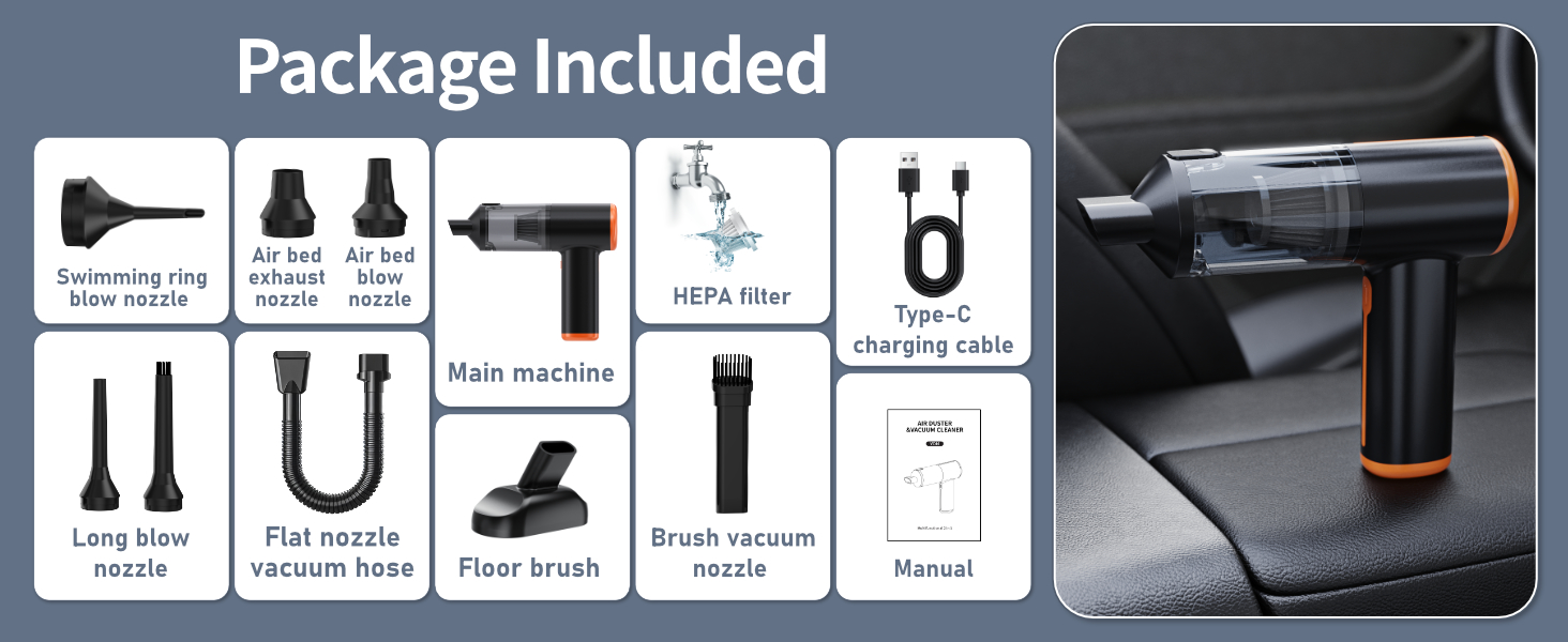 Kinzir Cordless Car Vacuum Cleaner Handheld, 12000Pa Strong Suction & Blowing Function, 2-in-1 Portable Vacuum Blower for Auto Home Use, Ideal for Carpet, Desk - Air Duster & Vacuum Cleaner 2 in 1 - 1