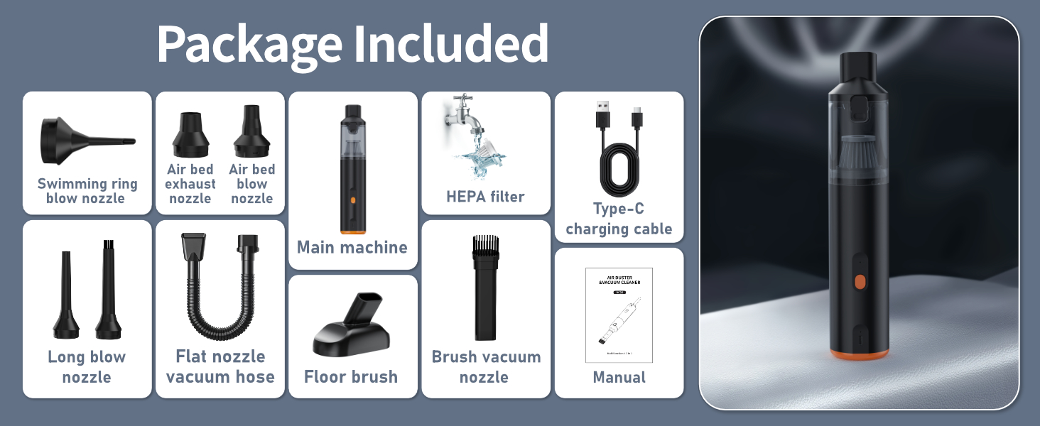 Kinzir VC28B Car Vacuum Portable Cordless Handheld Vacuum Cleaner 8-in-1 Mini Cordless Vacuum with 2 Suction Modes and 12000pa Suction Power Blowing & Inflating 2 Modes Handheld Vacuum for Car, Desk, Keyboards - Cordless Vacuum Cleaners - 3