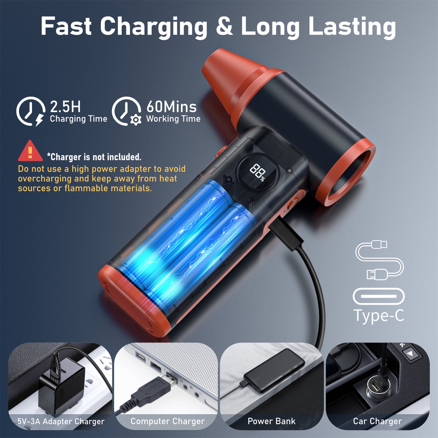 Kinzir 10000RPM Turbo Blower - Electric Air Duster, Portable Mini Compressed Air Can Replacement for Keyboard Cleaning, PC, Electronics, Dry Dusting - Brushless Air Dusters - 2