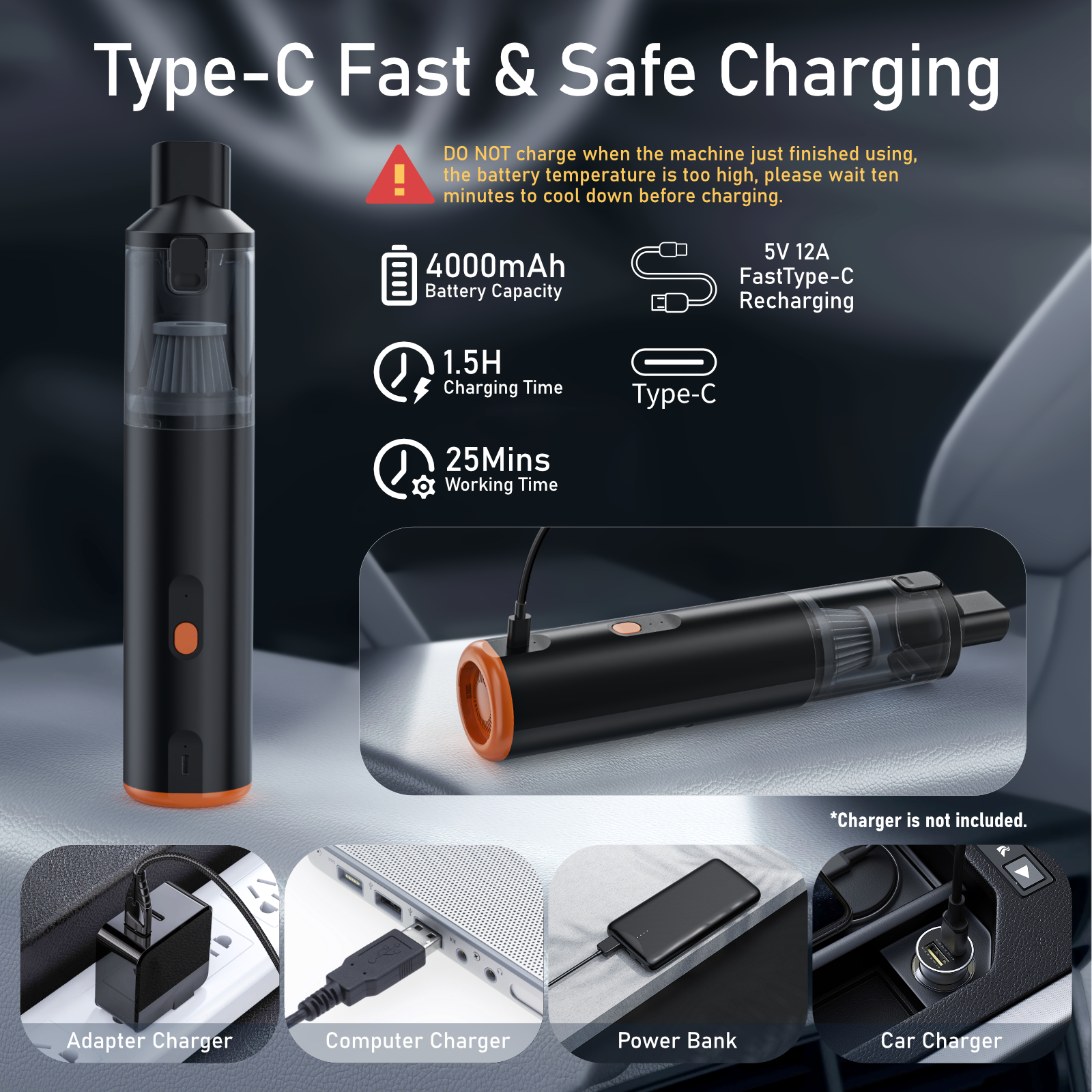 Kinzir VC28B Car Vacuum Portable Cordless Handheld Vacuum Cleaner 8-in-1 Mini Cordless Vacuum with 2 Suction Modes and 12000pa Suction Power Blowing & Inflating 2 Modes Handheld Vacuum for Car, Desk, Keyboards - Cordless Vacuum Cleaners - 14