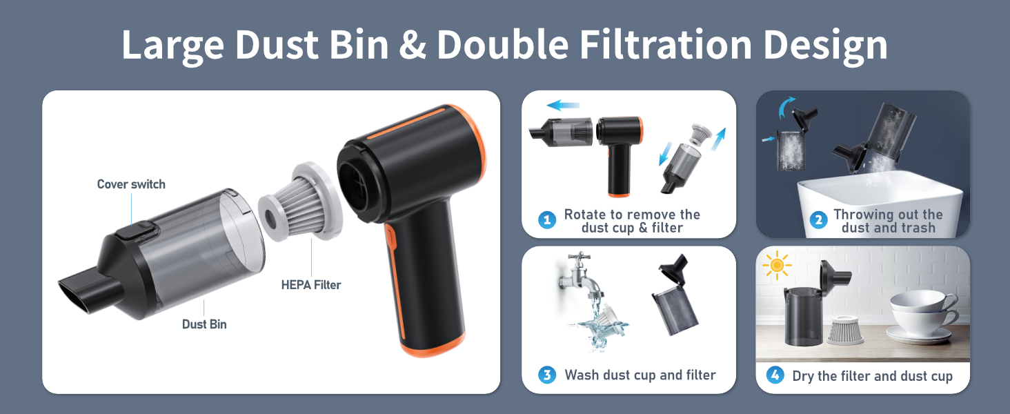 Kinzir Cordless Car Vacuum Cleaner Handheld, 12000Pa Strong Suction & Blowing Function, 2-in-1 Portable Vacuum Blower for Auto Home Use, Ideal for Carpet, Desk - Air Duster & Vacuum Cleaner 2 in 1 - 4