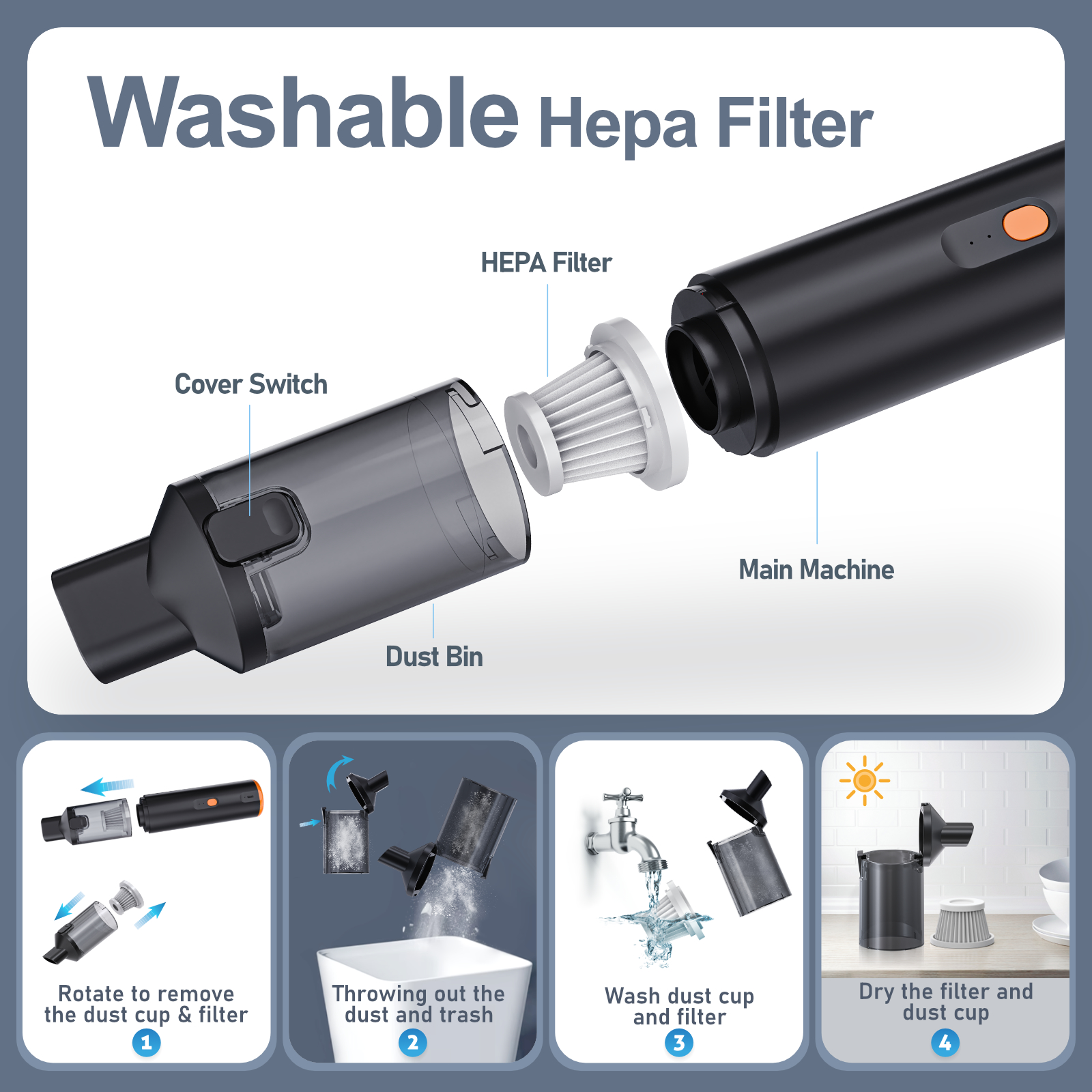 Kinzir VC28B Car Vacuum Portable Cordless Handheld Vacuum Cleaner 8-in-1 Mini Cordless Vacuum with 2 Suction Modes and 12000pa Suction Power Blowing & Inflating 2 Modes Handheld Vacuum for Car, Desk, Keyboards - Cordless Vacuum Cleaners - 17