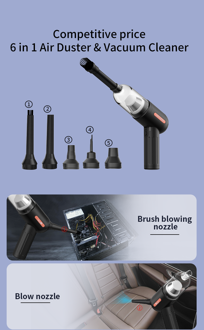 Kinzir VC49 Car Vacuum Portable Cordless, 15000Pa 2 in 1 Vacuum Cleaner&Air Duster, 100W Brushless Motor Handheld Vacuum Cordless with 6000mAh Battery, Multi-Nozzles for Car, Home, Office, Pet - Cordless Vacuum Cleaners - 3