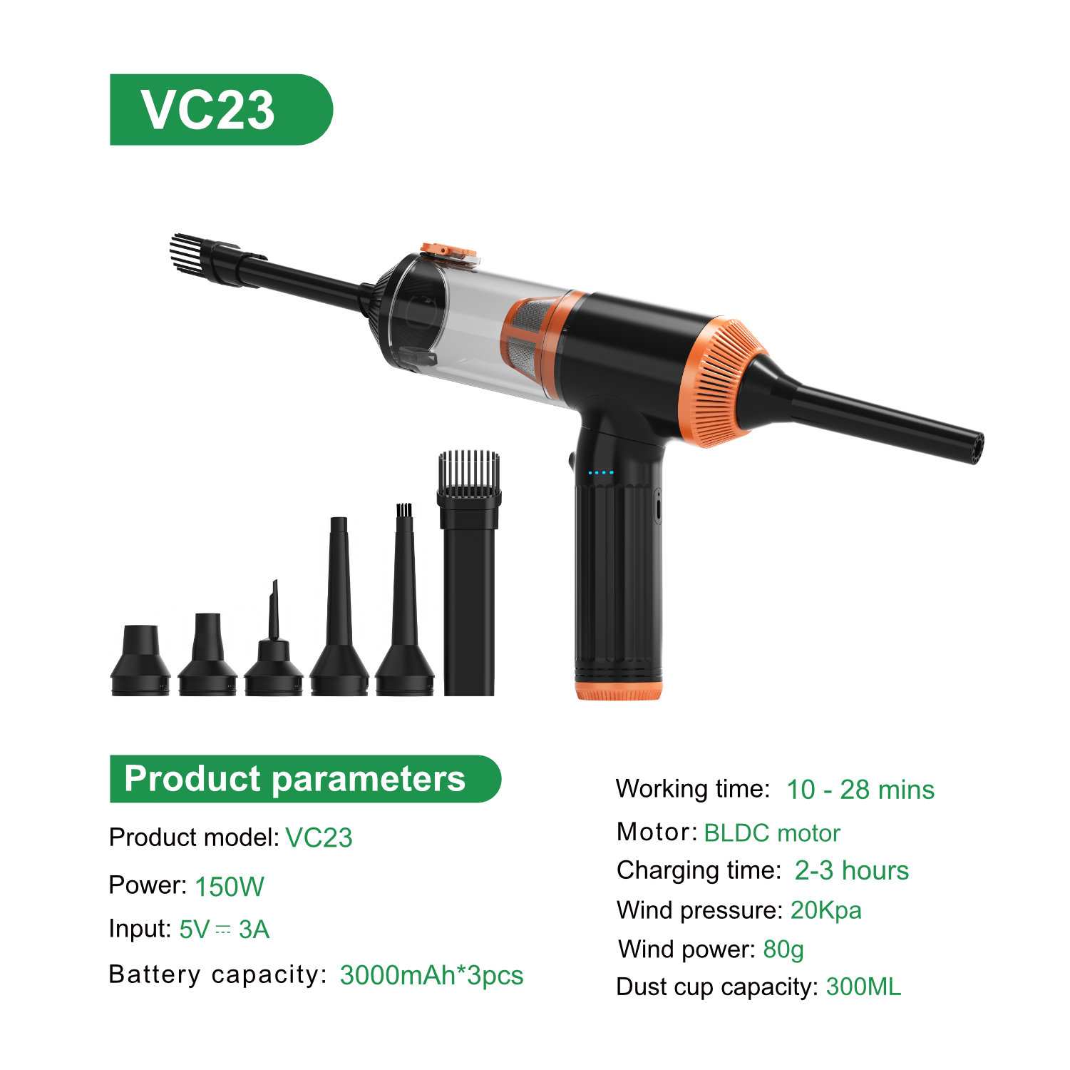 Kinzir VC23 3-in-1 Cordless Handheld Vacuum & Air Duster, 20000Pa Strong Suction, Brushless Motor, Portable for Car Seats, Home, PC Keyboard - Cordless Vacuum Cleaners - 1